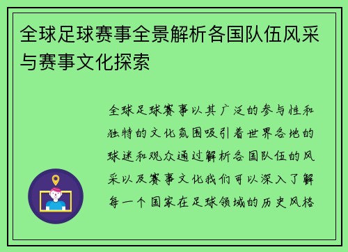 全球足球赛事全景解析各国队伍风采与赛事文化探索