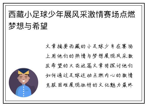 西藏小足球少年展风采激情赛场点燃梦想与希望